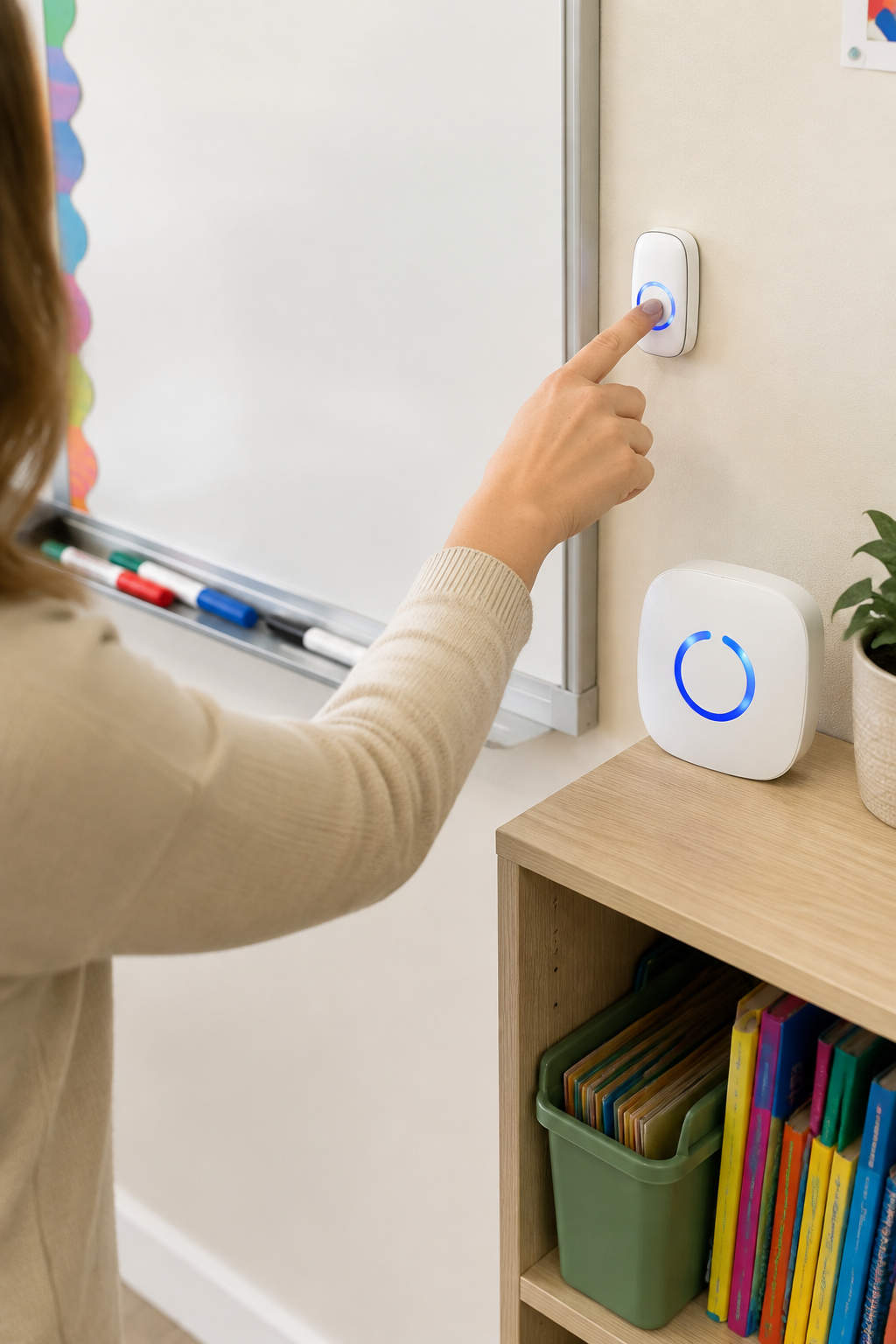 Teacher pressing a wireless doorbell button mounted beside a classroom whiteboard, with the receiver nearby.