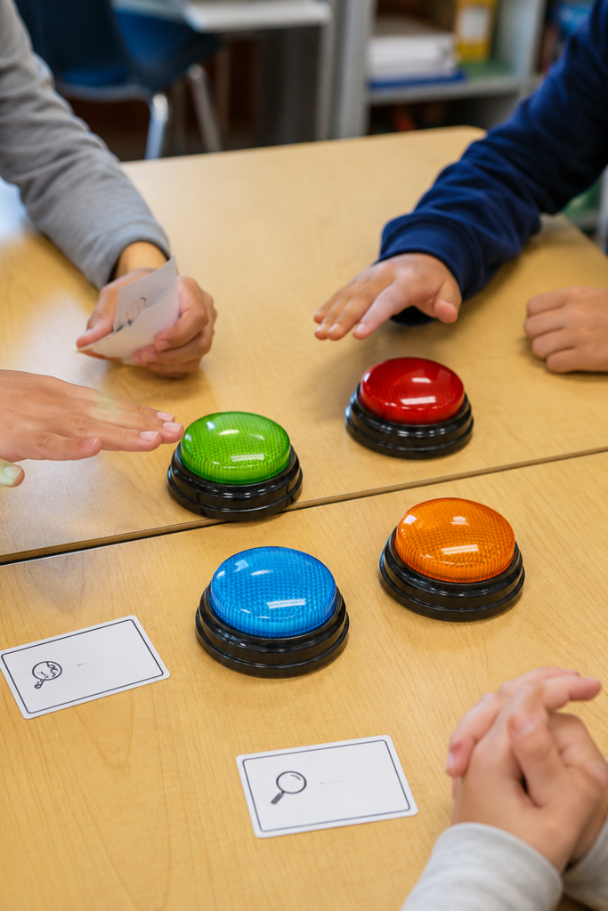 Students gathered around four colorful answer buzzers during a classroom review game.