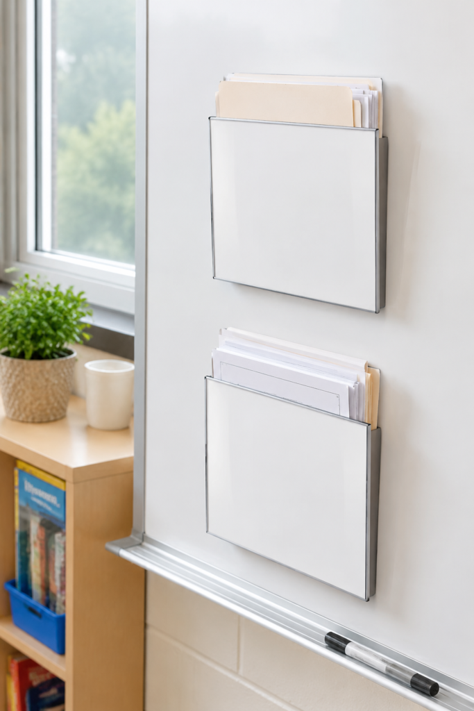 Two white magnetic file pockets holding papers on the side of a classroom whiteboard.