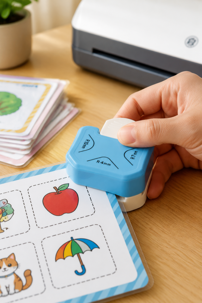 Hand using a blue three-radius corner cutter to round the corner of a laminated classroom card.
