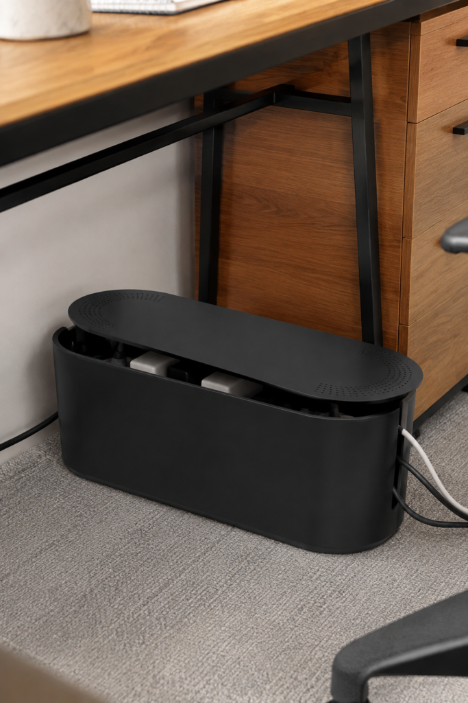 Black cable-tidy box concealing a power strip and cords beneath a wooden teacher desk.