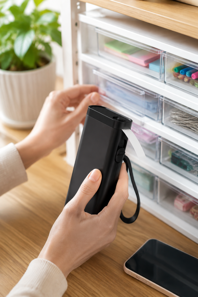 Teacher holding a small black label maker beside clear classroom supply drawers.