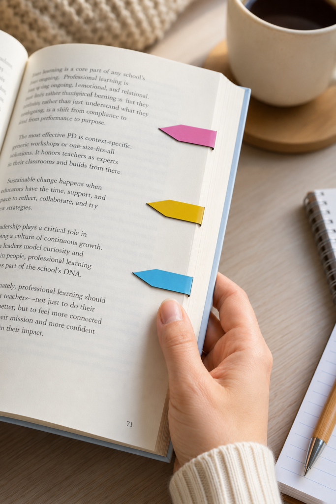 Three colorful metal Book Darts clipped over page edges to mark exact lines in an open book.