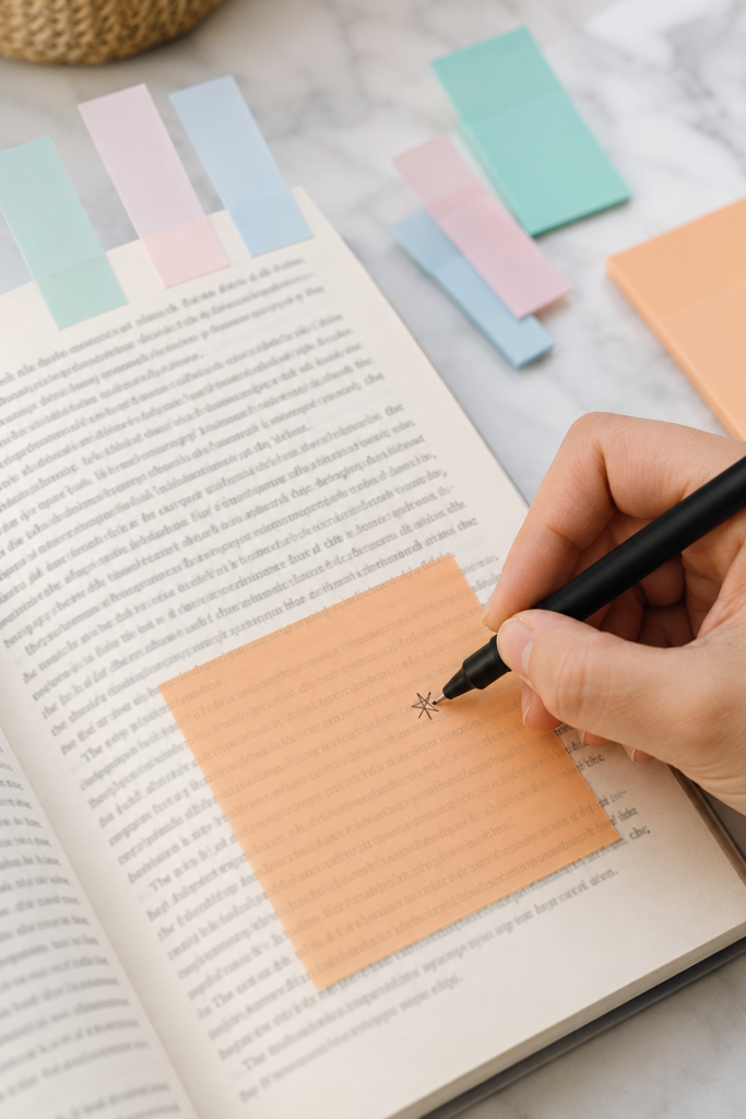 Teacher writing on a transparent orange sticky note placed over text in an open book.