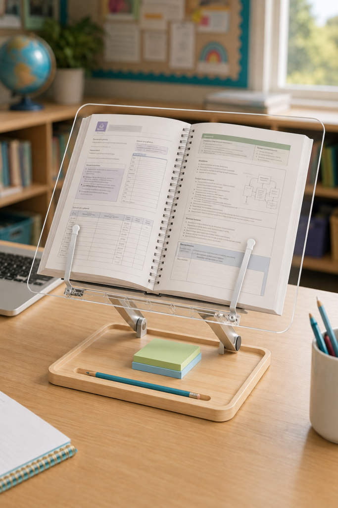 Open spiral-bound teacher lesson manual held upright on a clear adjustable acrylic stand at a classroom desk.