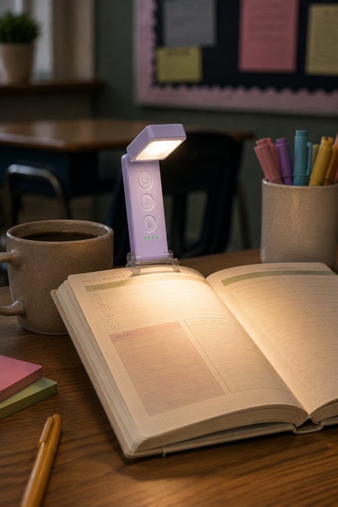 Purple clip-on reading light attached to an open book and aimed down at the pages in a dim classroom.
