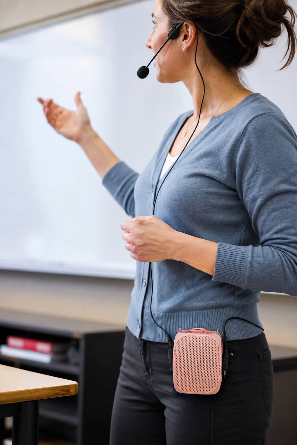 Teacher wearing a headset microphone and portable pink voice amplifier while giving a lesson at the whiteboard.