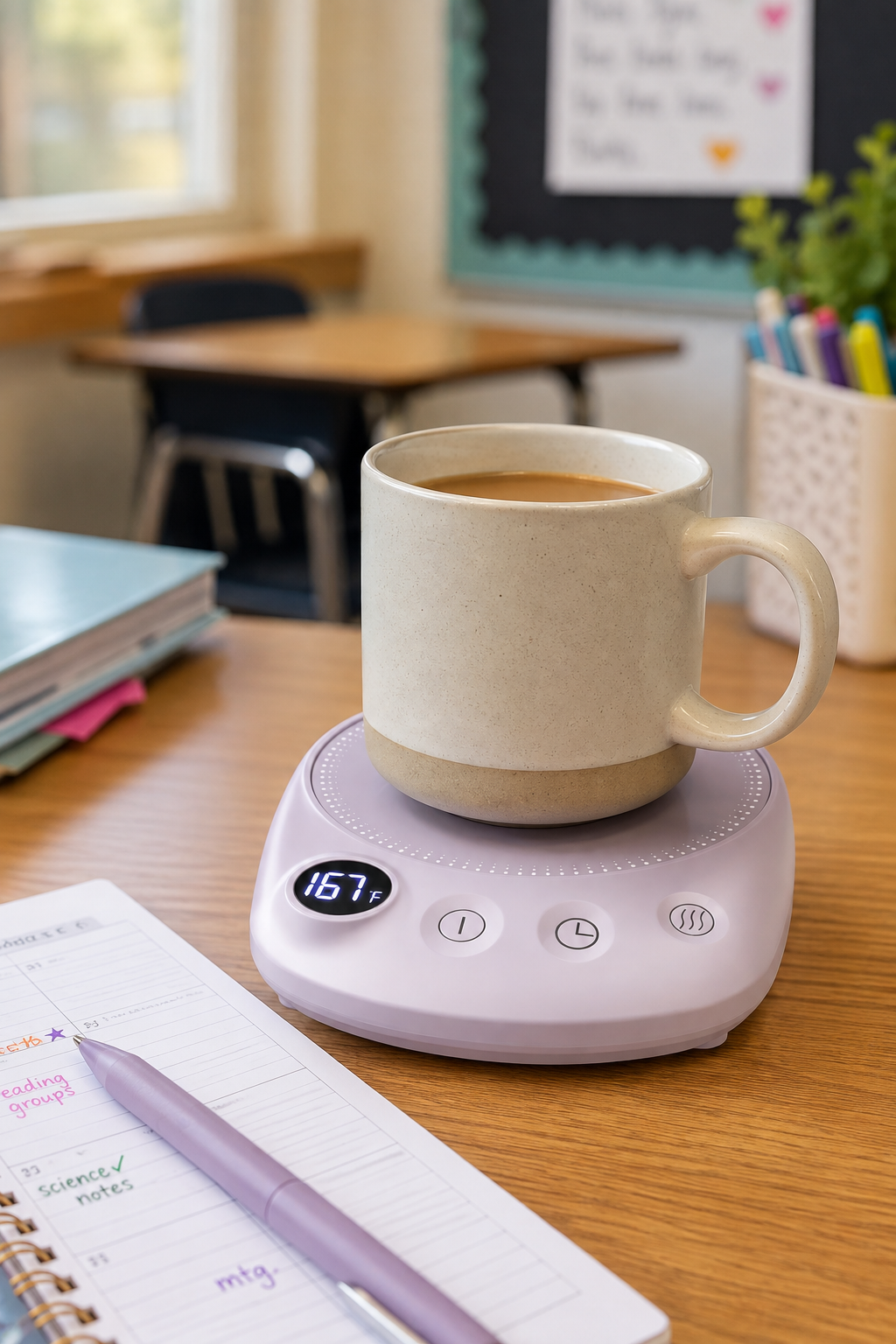Ceramic mug resting on a round lavender mug warmer beside a teacher's planner and papers.