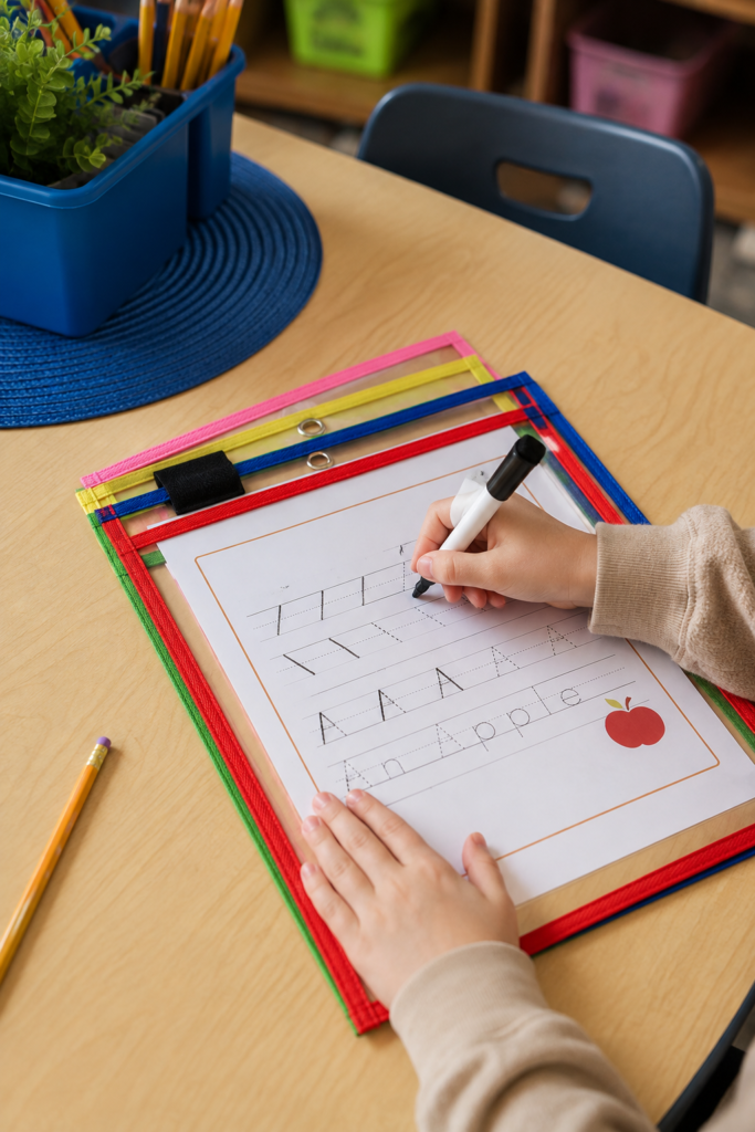 Student filling out worksheet inside erasable pocket
