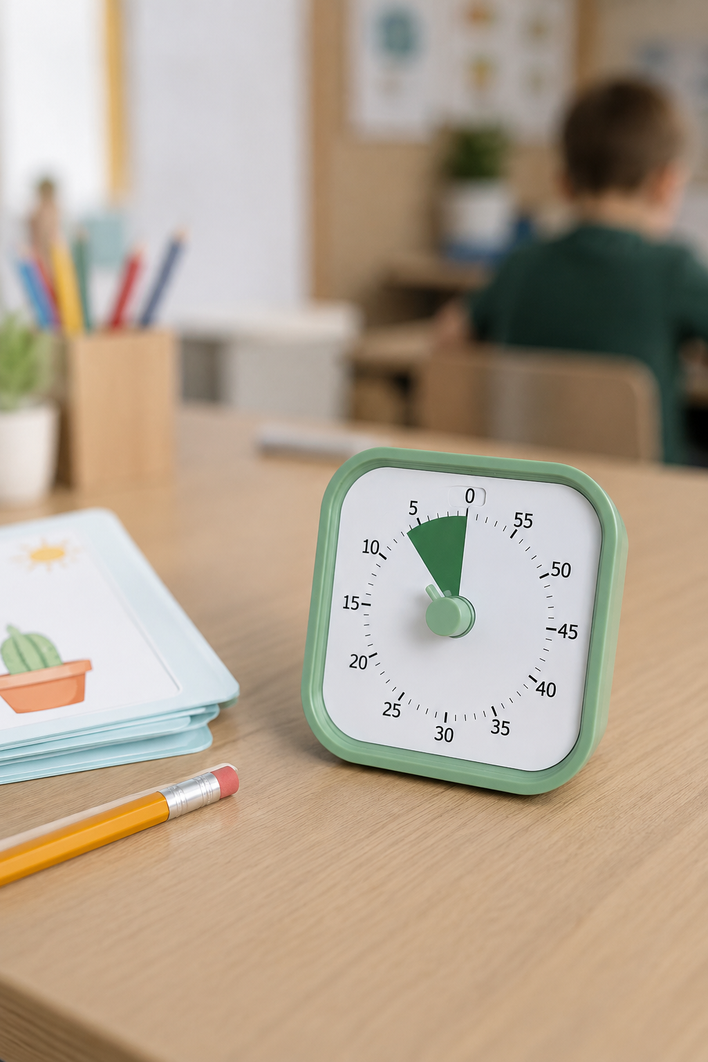 Green timer on desk with visual countdown